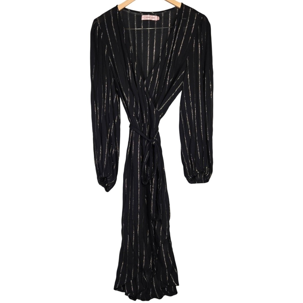 Traffic People Black Striped‎ Long Sleeve Wrap Midi Dress Size L
